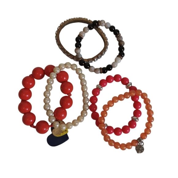 Assortment of 6 Multicolored Acrylic Plastic Beads Elastic Lightweight Bracelets - Picture 1 of 13